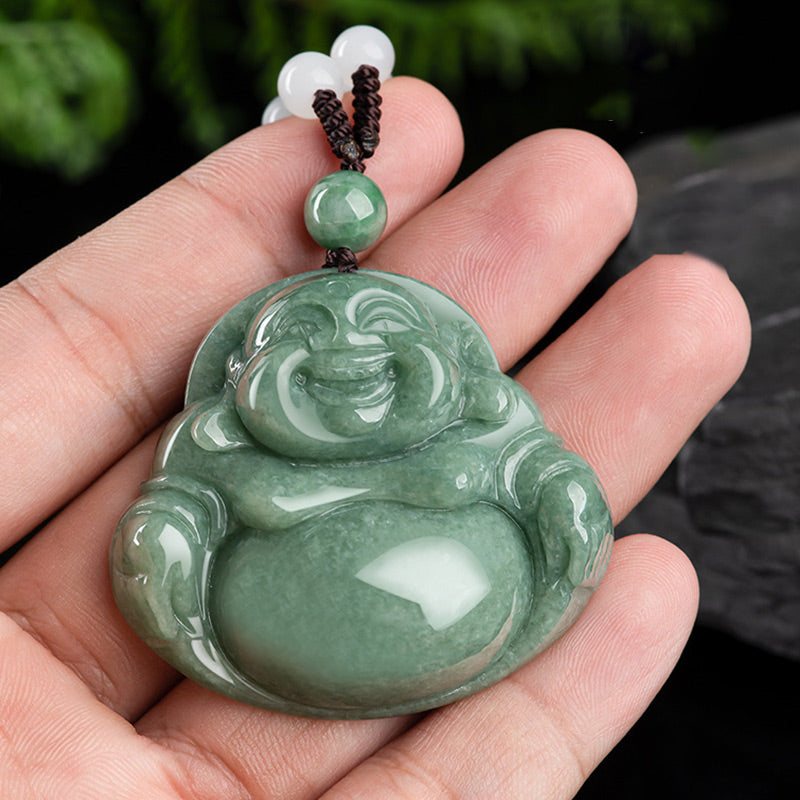 Buddha Stones Laughing Buddha Cyan Jade Harmony Necklace String Bead Pendant