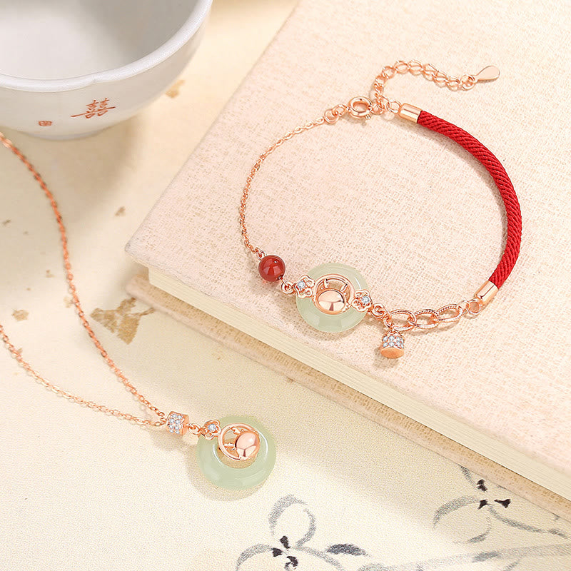 Buddha Stones 925 Sterling Silver Year of the Dragon Natural Hetian Jade Zircon Peace Buckle Protection Bracelet Necklace Pendant