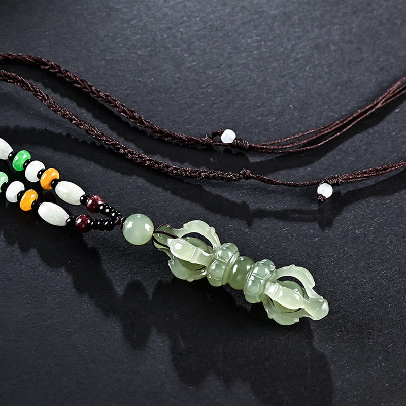 Buddha Stones Tibetan Natural Hetian Cyan Jade White Jade Dorje Vajra Engraved Success Necklace Pendant