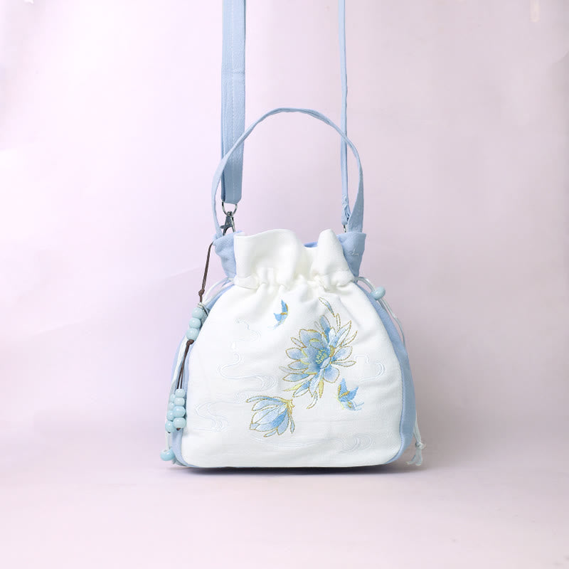 Buddha Stones Embroidered Butterfly Lotus Magnolia Cotton Linen Tote Crossbody Bag Shoulder Bag Handbag