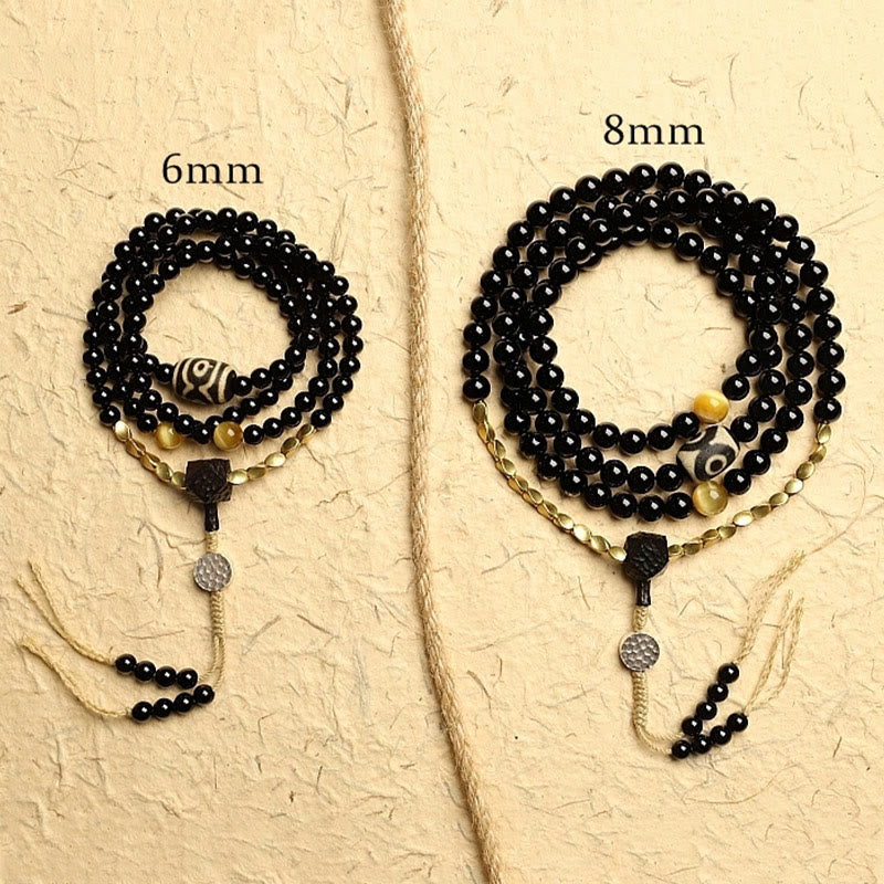 Buddha Stones Tibetan 108 Mala Beads Black Onyx Three-eyed Dzi Beads Protection Bracelet