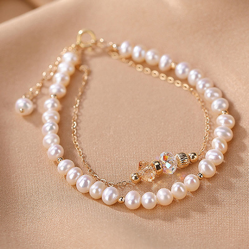 Buddha Stones 925 Sterling Silver Plated 14k Gold Natural Pearl Crystal Healing Double Layer Bracelet