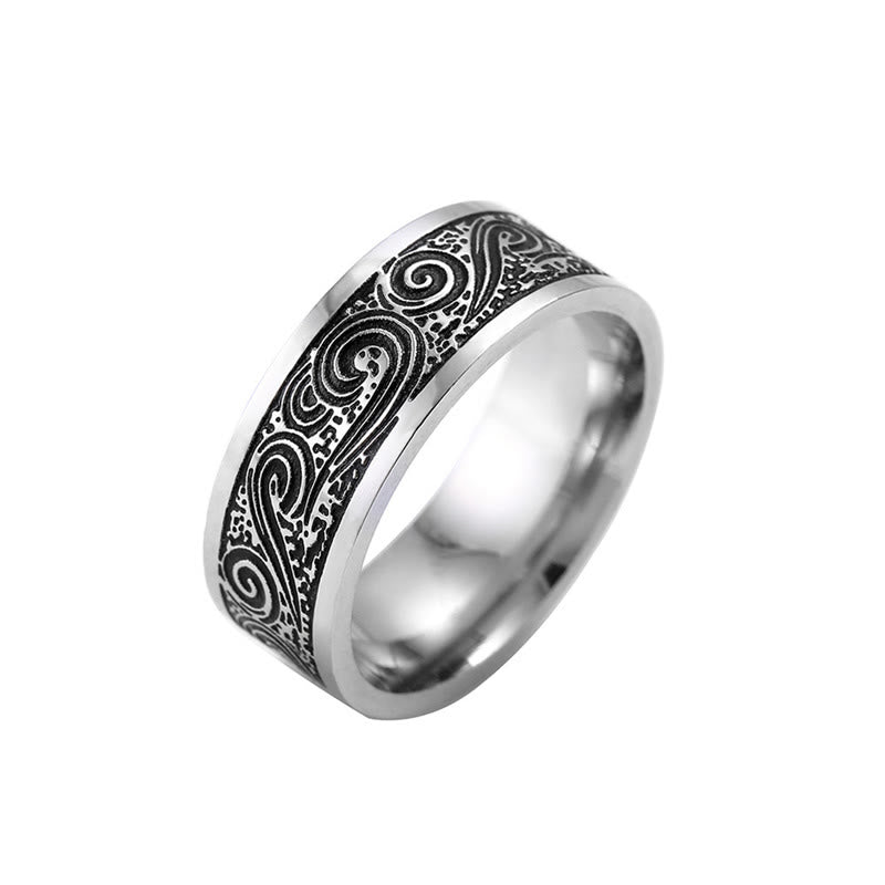 Buddha Stones Vintage Wave Auspicious Clouds Engraved Pattern Titanium Steel Balance Ring