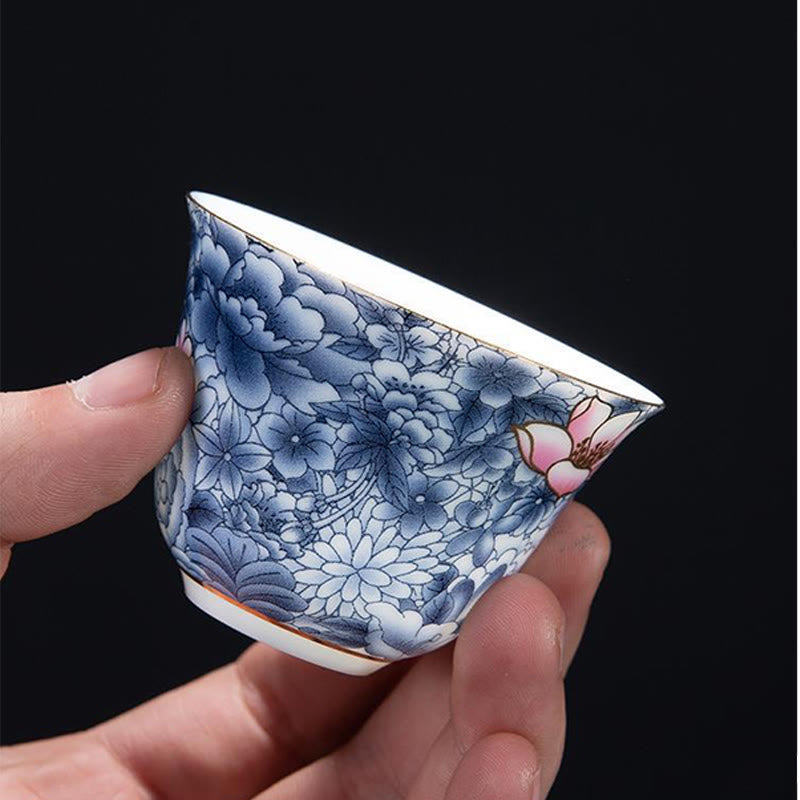 Buddha Stones Colorful Flowers Orchid Sea Waves Blue and White Porcelain Ceramic Teacup Kung Fu Tea Cup