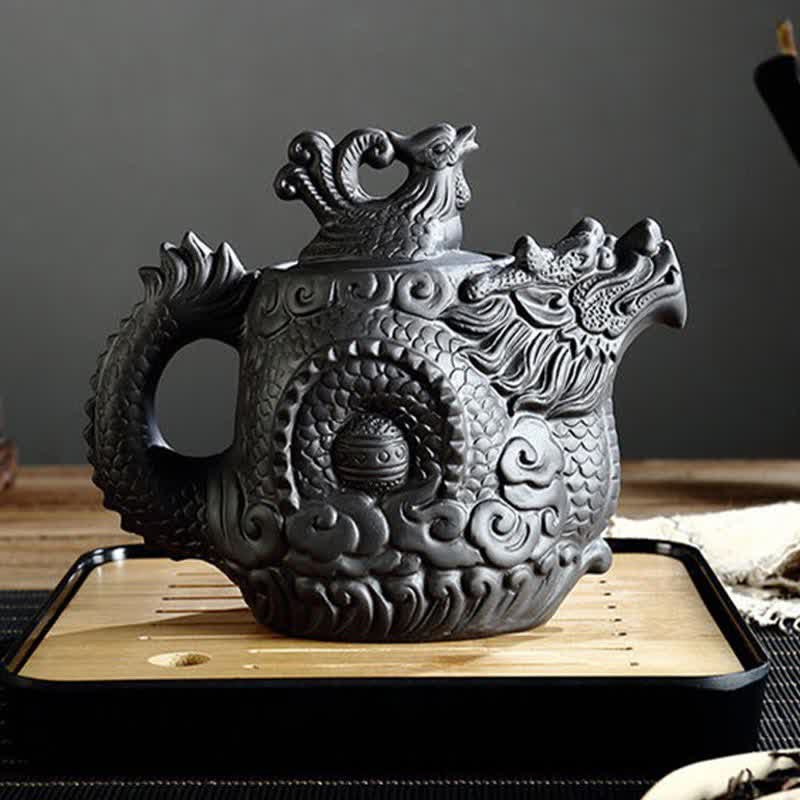 Buddha Stones Vintage Dragon Phoenix Ceramic Teapot