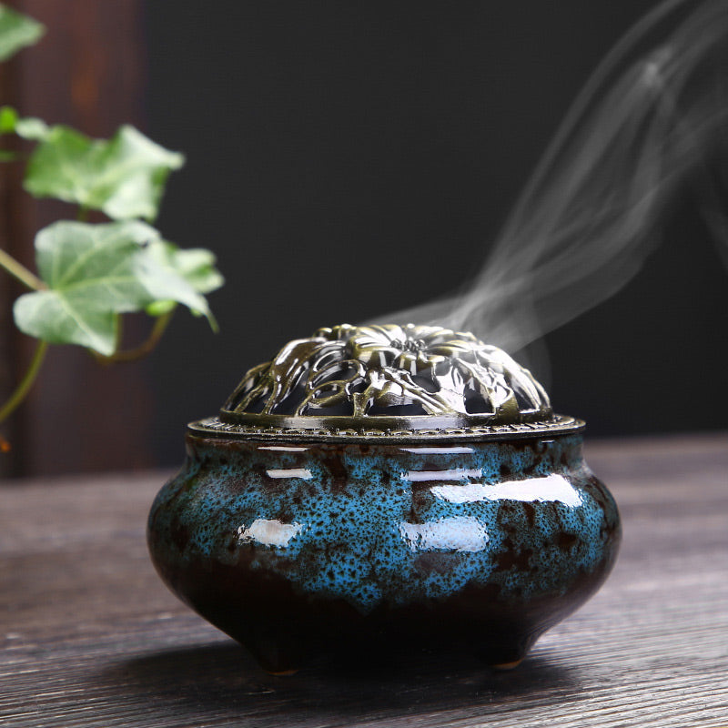 Buddha Stones Flower Pattern Ceramic Blessing Meditation Incense Burner Decoration