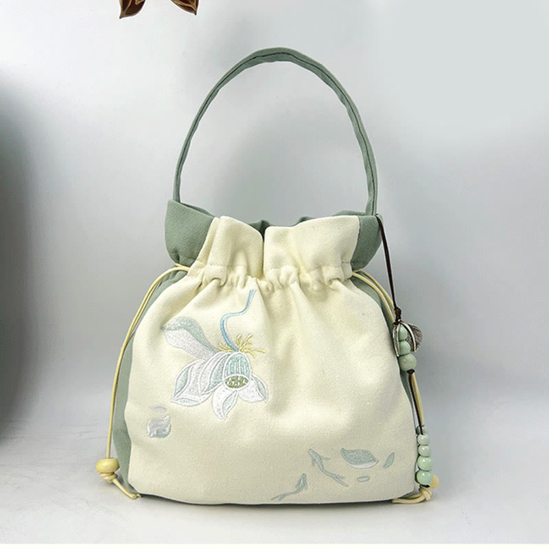Buddha Stones Embroidered Butterfly Lotus Magnolia Cotton Linen Tote Crossbody Bag Shoulder Bag Handbag