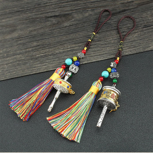 Buddha Stones Tibet Om Mani Padme Hum Prayer Wheel Tassel Bag Car Hanging Decoration