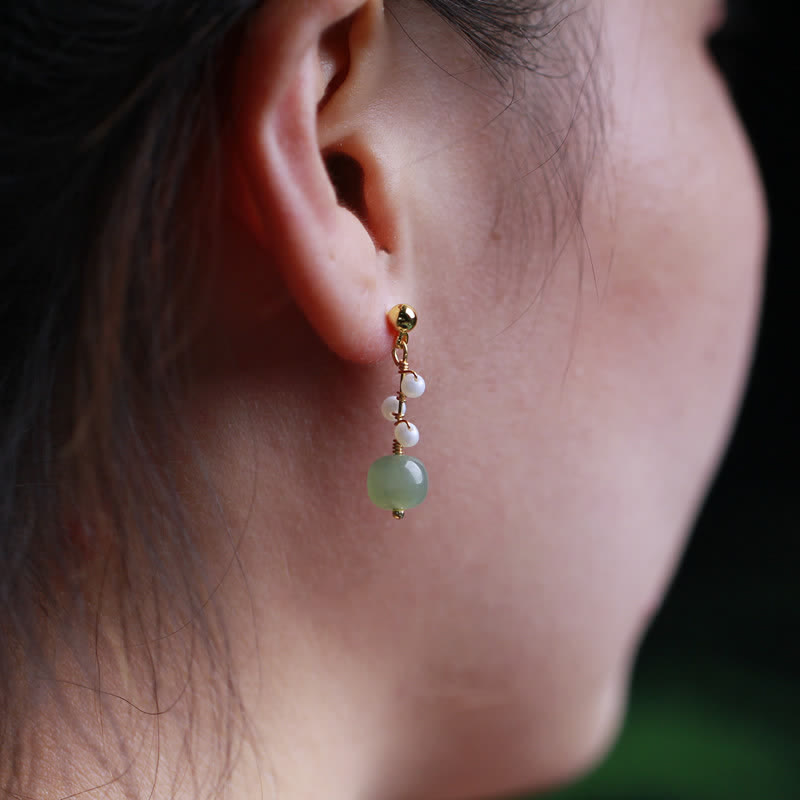 Buddha Stones Hetian Jade Flower Pattern 14K Gold Plated Luck Drop Dangle Earrings