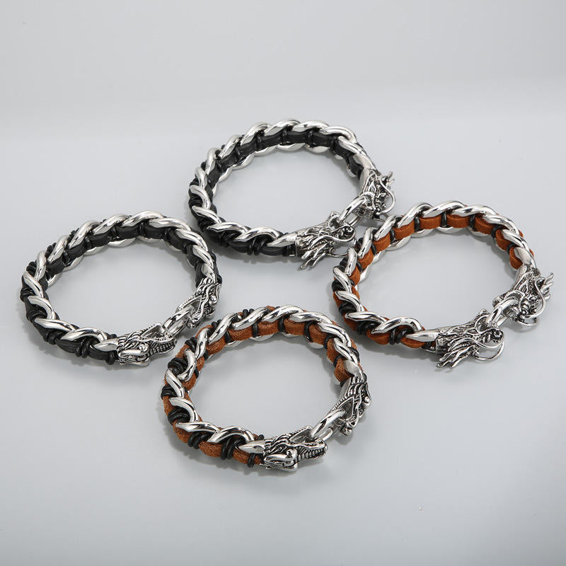 Buddha Stones Dragon Leather Titanium Steel Protection Luck Braided Bracelet