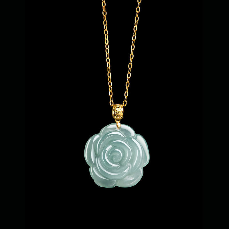 Buddha Stones 18K Gold Buckle 925 Sterling Silver Chain Natural Jade Rose Luck Necklace Pendant