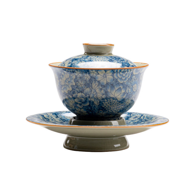 Buddha Stones Vintage Blue And White Porcelain Peach Blossom Lotus Peony Ceramic Gaiwan Sancai Teacup Kung Fu Tea Cup And Saucer With Lid
