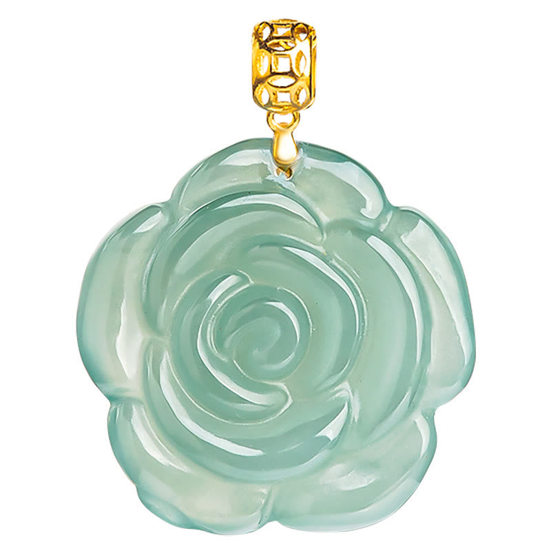 Buddha Stones 18K Gold Buckle 925 Sterling Silver Chain Natural Jade Rose Luck Necklace Pendant