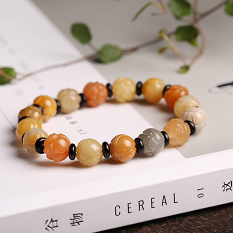 Buddha Stones Golden Silk Jade Lotus Wealth Luck Bracelet