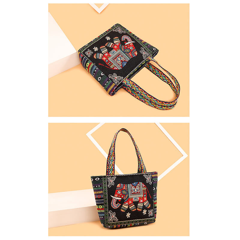 Buddha Stones Elephant Butterfly Embroidered Large Capacity Canvas Tote Bag Shoulder Bag