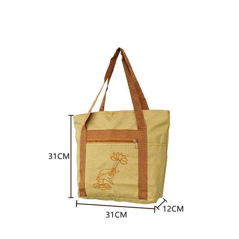 Buddha Stones Spiritual Mind Practice Lotus Embroidery Pattern Canvas Shoulder Bag Tote Bag