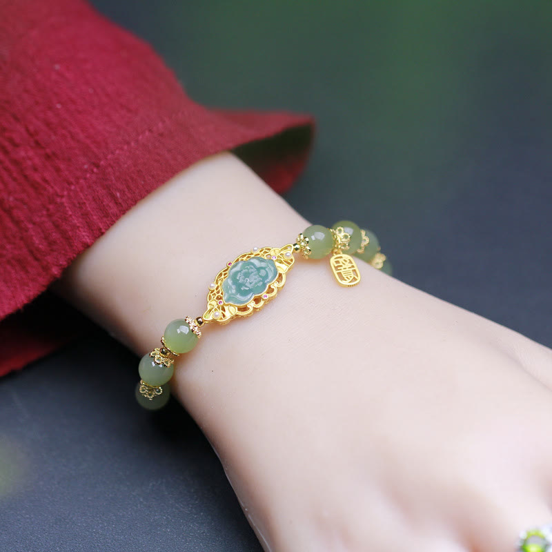 Buddha Stones 925 Sterling Silver Plated 14K Gold Hetian Jade Lotus Luck Bracelet