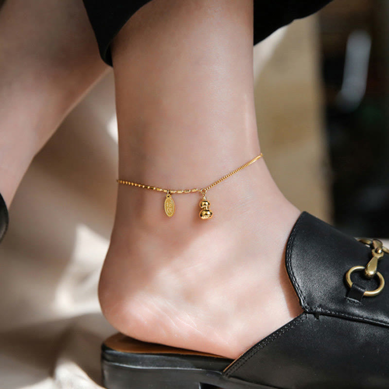 Buddha Stones 18k Gold Plated Copper Lucky Gourd Design Wealth Buckle Anklet