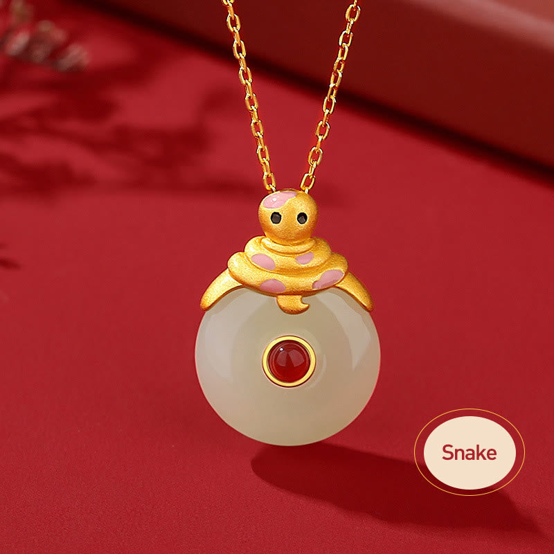 Buddha Stones 925 Sterling Silver Hetian Jade Chinese Zodiac Year of the Dragon Red Agate Luck Protection Necklace Pendant