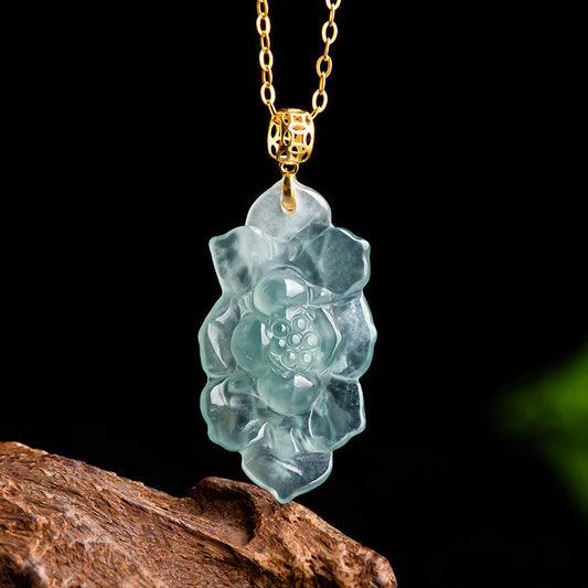 Buddha Stones 925 Sterling Silver Chain 18K Gold Buckle Natural Jade Lotus Pattern Prosperity Necklace Pendant