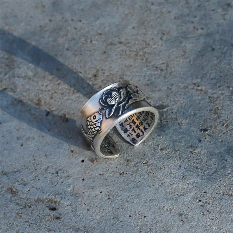 Buddha Stones 999 Sterling Silver Luck Koi Fish Lotus Heart Sutra Wealth Ring