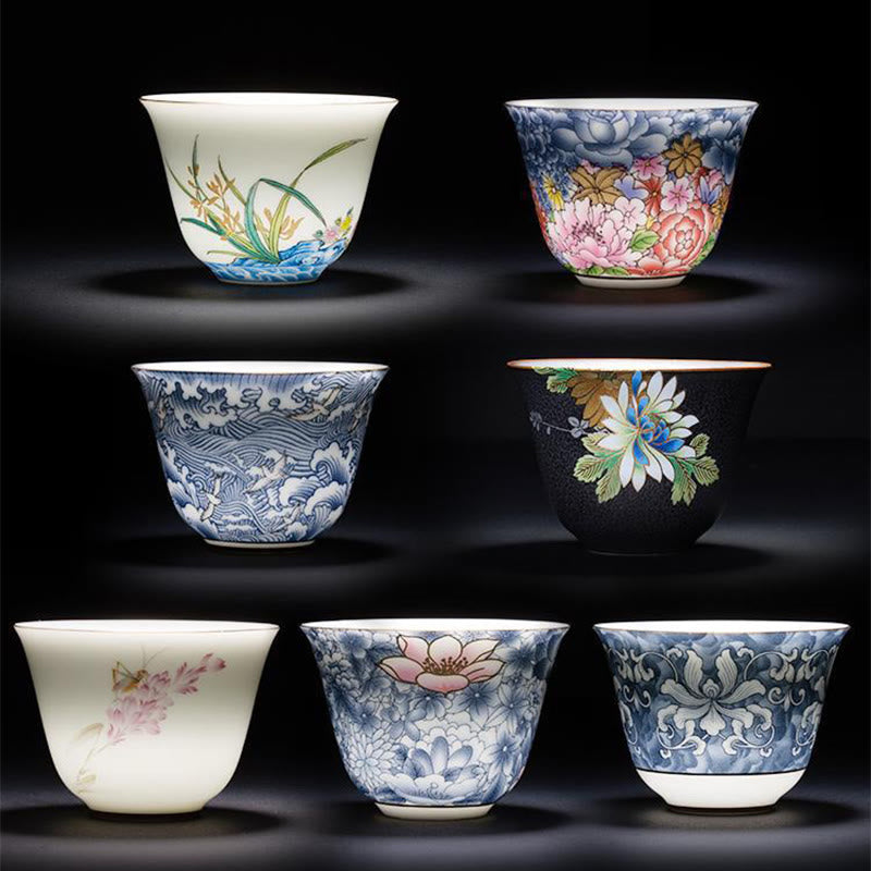 Buddha Stones Colorful Flowers Orchid Sea Waves Blue and White Porcelain Ceramic Teacup Kung Fu Tea Cup