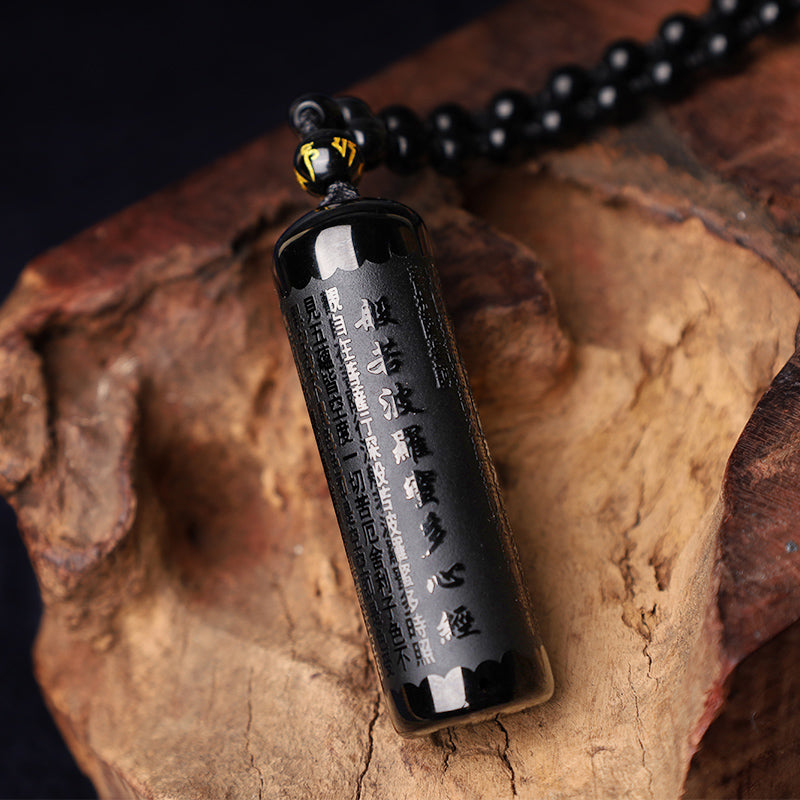 Buddha Stones Natural Black Obsidian Heart Sutra Purification Necklace Pendant