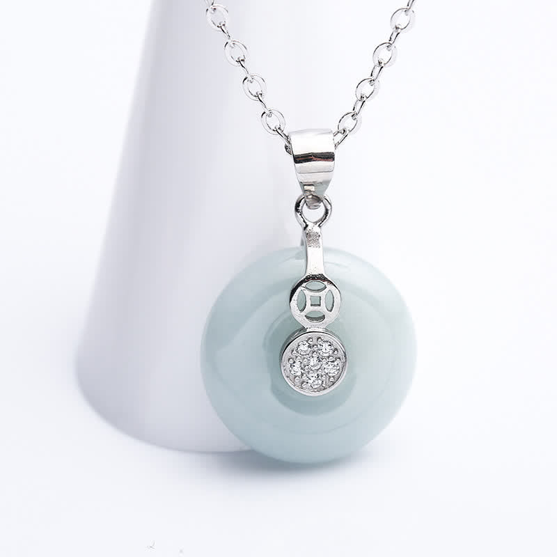 Buddha Stones 925 Sterling Silver Peace Buckle Jade Coin Luck Necklace Pendant