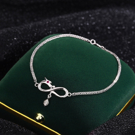 Buddha Stones Year Of The Dragon 999 Sterling Silver Zircon Endless Knot Tail Charm Luck Protection Bracelet (Extra 30% Off | USE CODE: FS30)