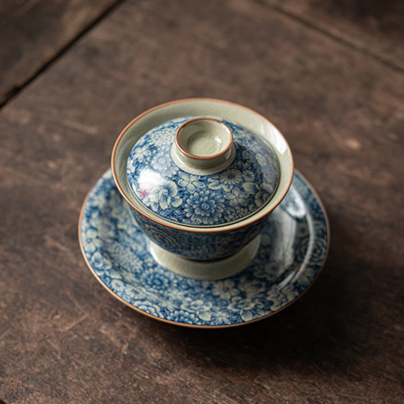 Buddha Stones Vintage Blue And White Porcelain Peach Blossom Lotus Peony Ceramic Gaiwan Sancai Teacup Kung Fu Tea Cup And Saucer With Lid
