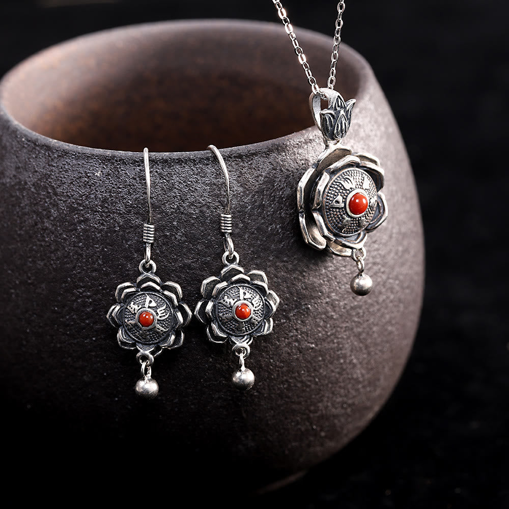 Buddha Stones 925 Sterling Silver Om Mani Padme Hum Lotus Peace Necklace Pendant Earrings