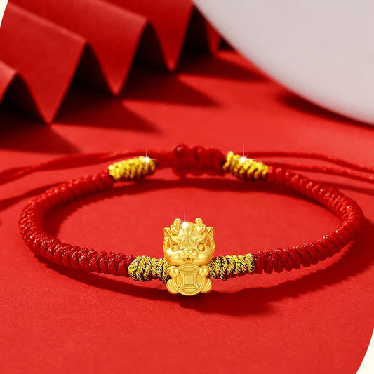 Buddha Stones 999 Sterling Silver Year of the Dragon Copper Coin Fortune Dragon Fu Character Luck Handcrafted Red String Braided Bracelet (Extra 30% Off | USE CODE: FS30)