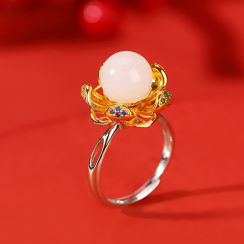 Buddha Stones 925 Sterling Silver White Jade Cyan Jade Lotus Flower Success Ring