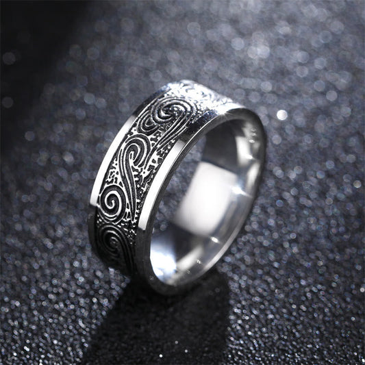 Buddha Stones Vintage Wave Auspicious Clouds Engraved Pattern Titanium Steel Balance Ring