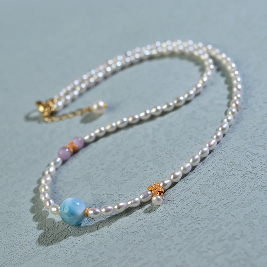 Buddha Stones 925 Sterling Silver Natural Pearl Larimar Sincerity Necklace Pendant