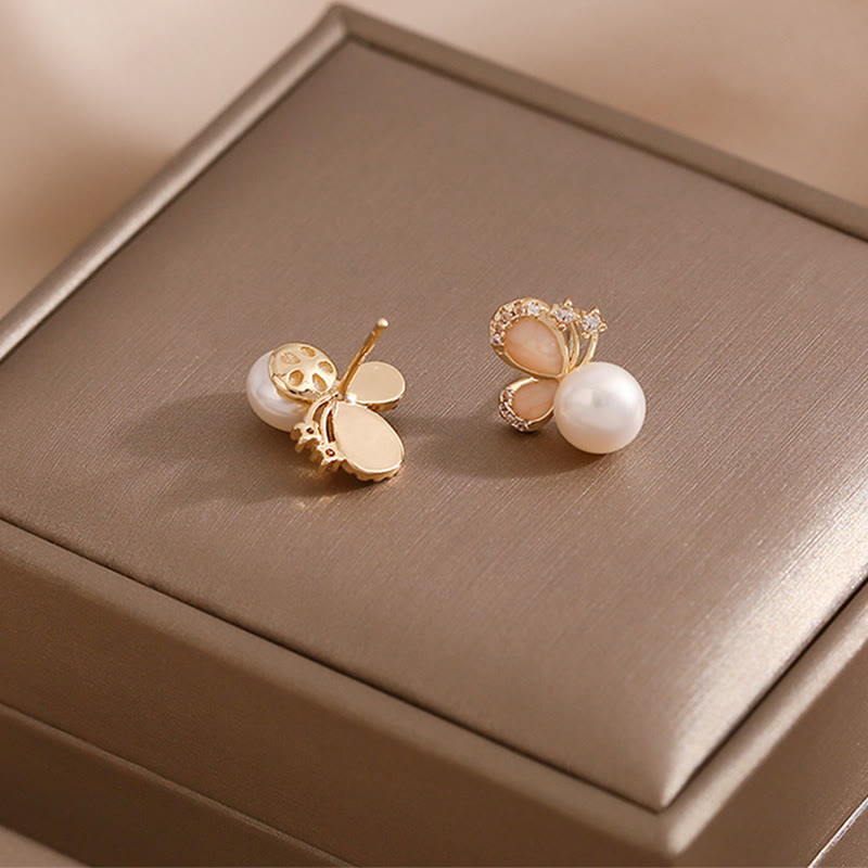 Buddha Stones 18k Gold Plated Pearl Butterfly Love Freedom Stud Earrings