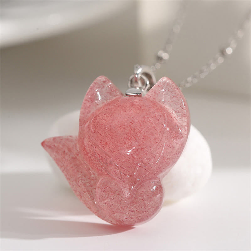 Buddha Stones 925 Sterling Silver Plated 14k Gold Strawberry Quartz Fox Healing Necklace Pendant