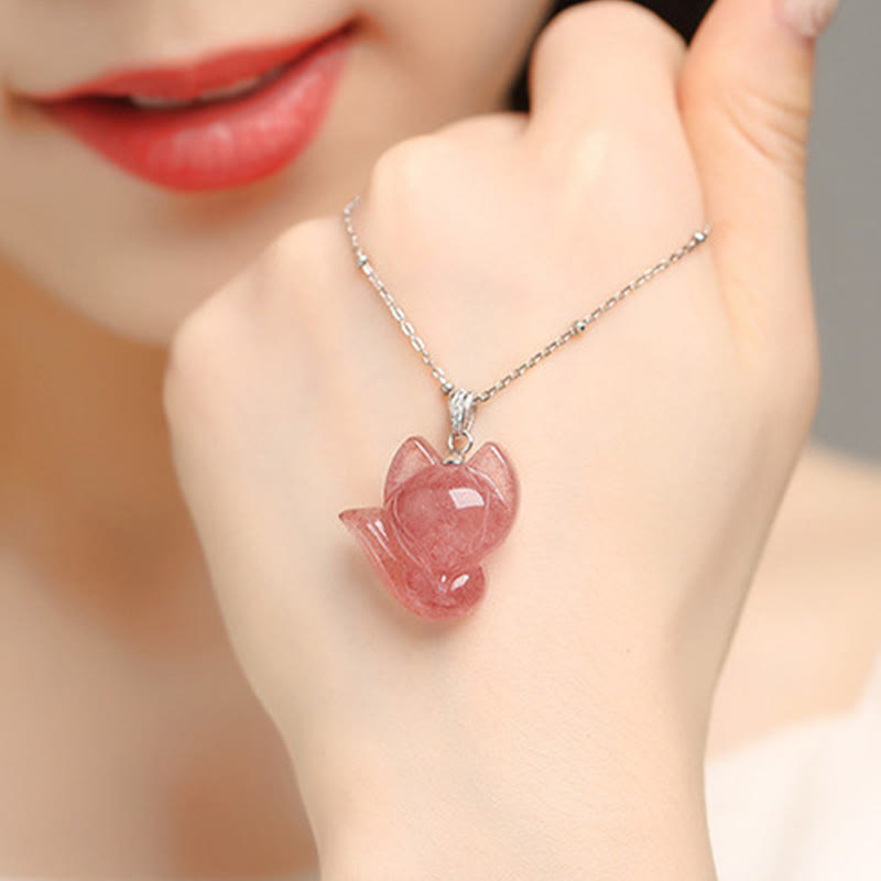 Buddha Stones 925 Sterling Silver Plated 14k Gold Strawberry Quartz Fox Healing Necklace Pendant