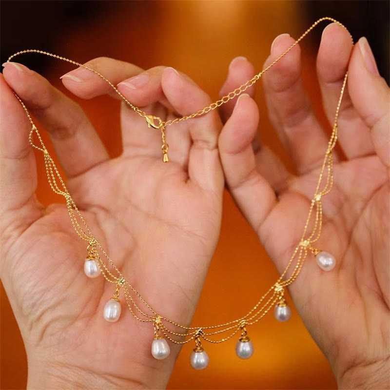 Buddha Stones Vintage 14K Gold Plated Pearl Bead Healing Multilayer Necklace Pendant