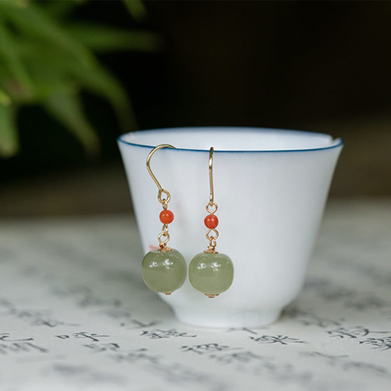 Buddha Stones 925 Sterling Silver Plated 14k Gold Hetian Jade Red Agate Luck Drop Dangle Earrings