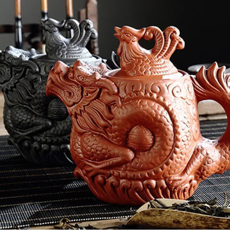 Buddha Stones Vintage Dragon Phoenix Ceramic Teapot