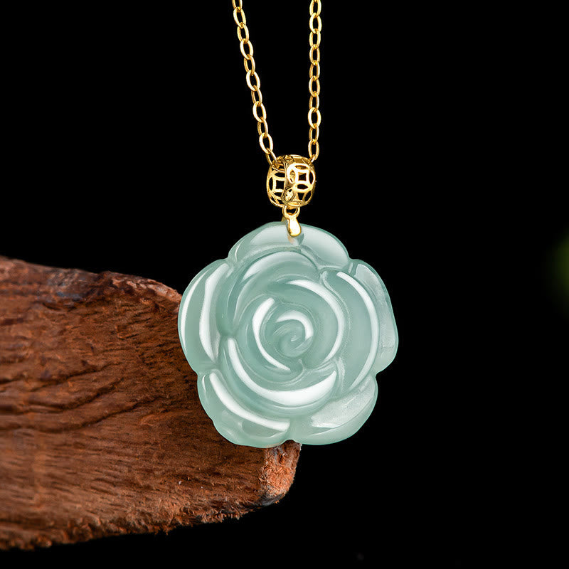 Buddha Stones 18K Gold Buckle 925 Sterling Silver Chain Natural Jade Rose Luck Necklace Pendant