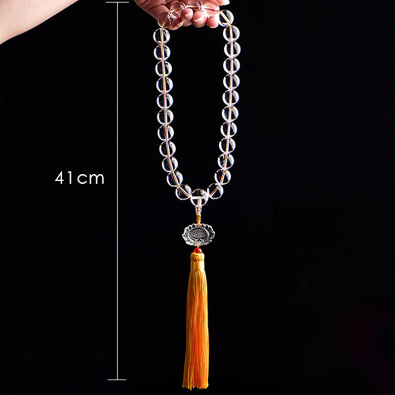 Buddha Stones Natural White Crystal Lotus Wrist Mala Meditation Tassels Pocket Mala Car Decoration