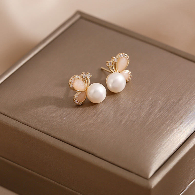 Buddha Stones 18k Gold Plated Pearl Butterfly Love Freedom Stud Earrings