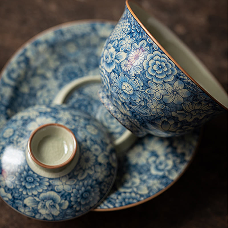 Buddha Stones Vintage Blue And White Porcelain Peach Blossom Lotus Peony Ceramic Gaiwan Sancai Teacup Kung Fu Tea Cup And Saucer With Lid