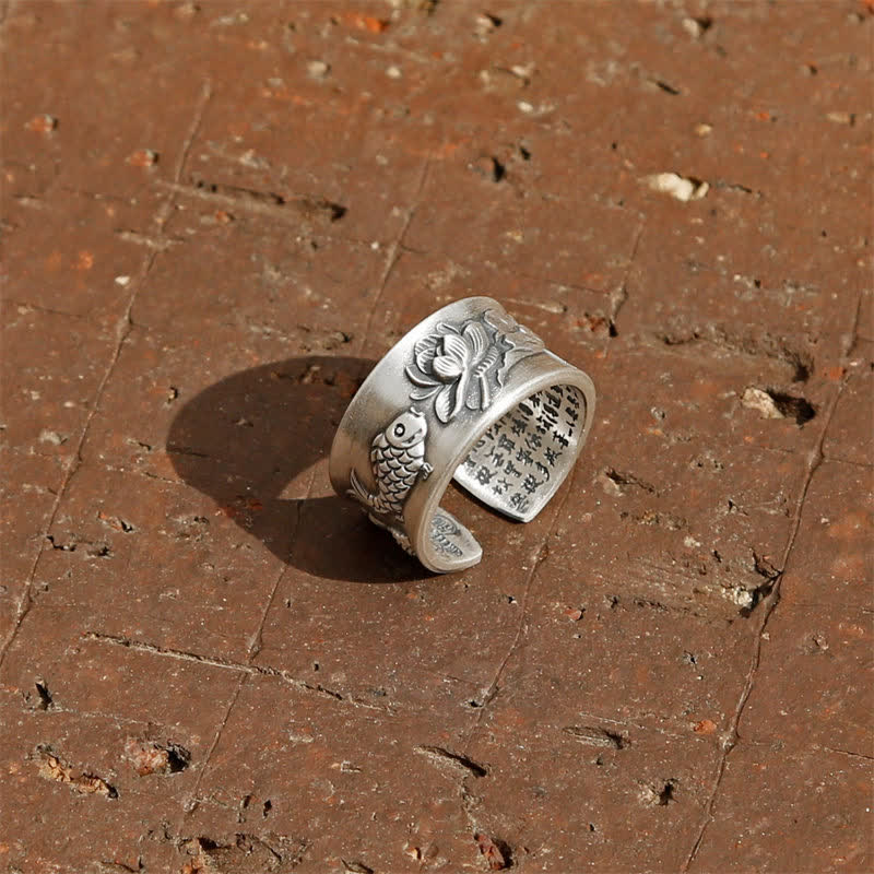 Buddha Stones 999 Sterling Silver Luck Koi Fish Lotus Heart Sutra Wealth Ring