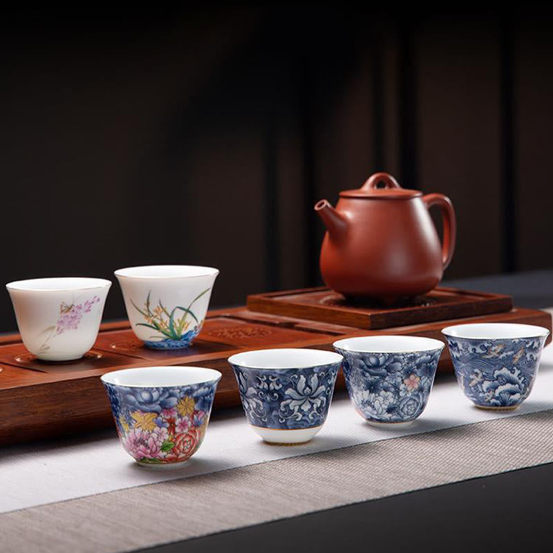 Buddha Stones Colorful Flowers Orchid Sea Waves Blue and White Porcelain Ceramic Teacup Kung Fu Tea Cup
