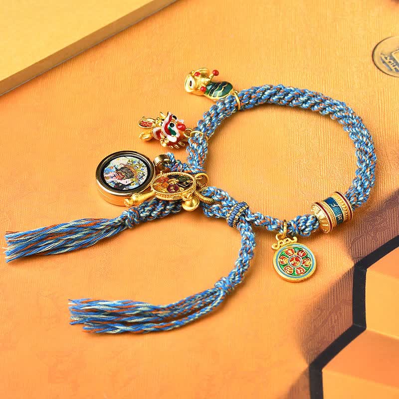 Buddha Stones Tibetan Zakiram Goddess of Wealth Thangka Luck Prayer Wheel Braid String Bracelet