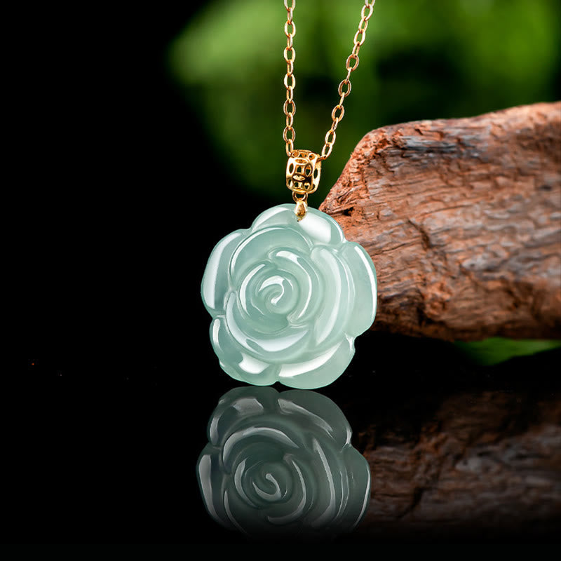 Buddha Stones 18K Gold Buckle 925 Sterling Silver Chain Natural Jade Rose Luck Necklace Pendant
