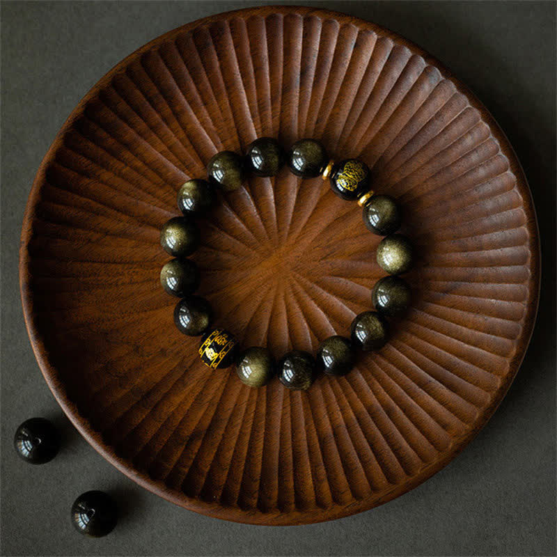 Buddha Stones Chinese Zodiac Natal Buddha Gold Sheen Obsidian Wealth Protection Bracelet